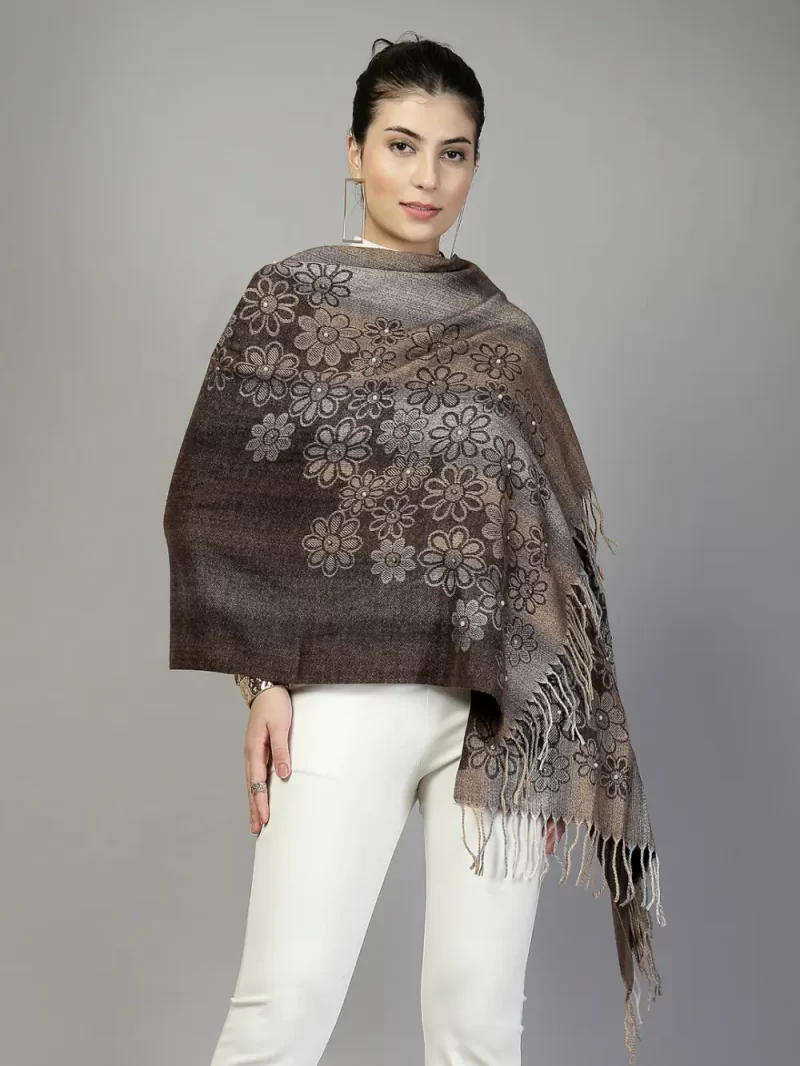 Mafadeny Women Floral Pattern Stole With Fringe And Beads