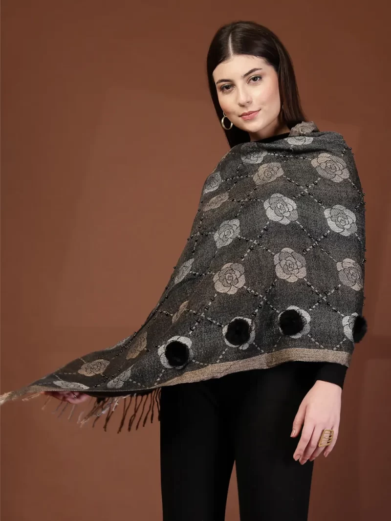 Mafadeny Women Rose Pattern Stole With Small Beads