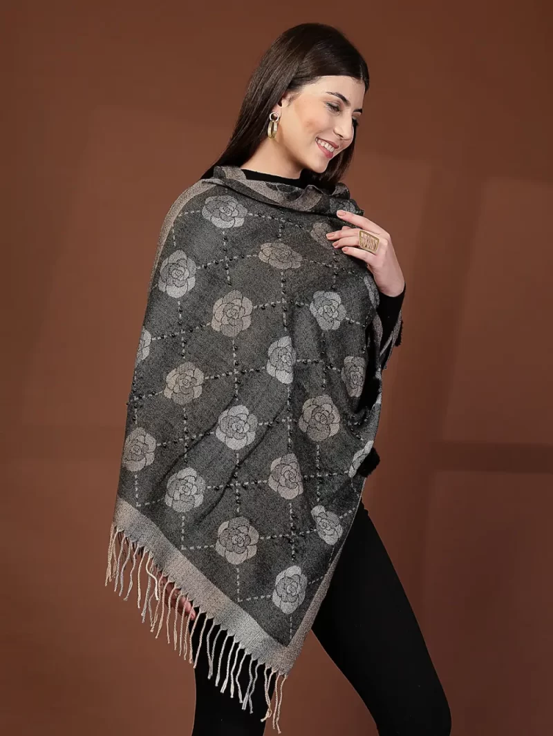 Mafadeny Women Rose Pattern Stole With Small Beads