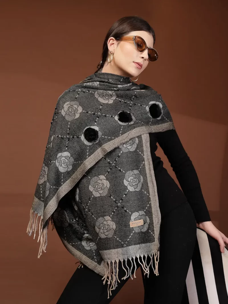 Mafadeny Women Rose Pattern Stole With Small Beads