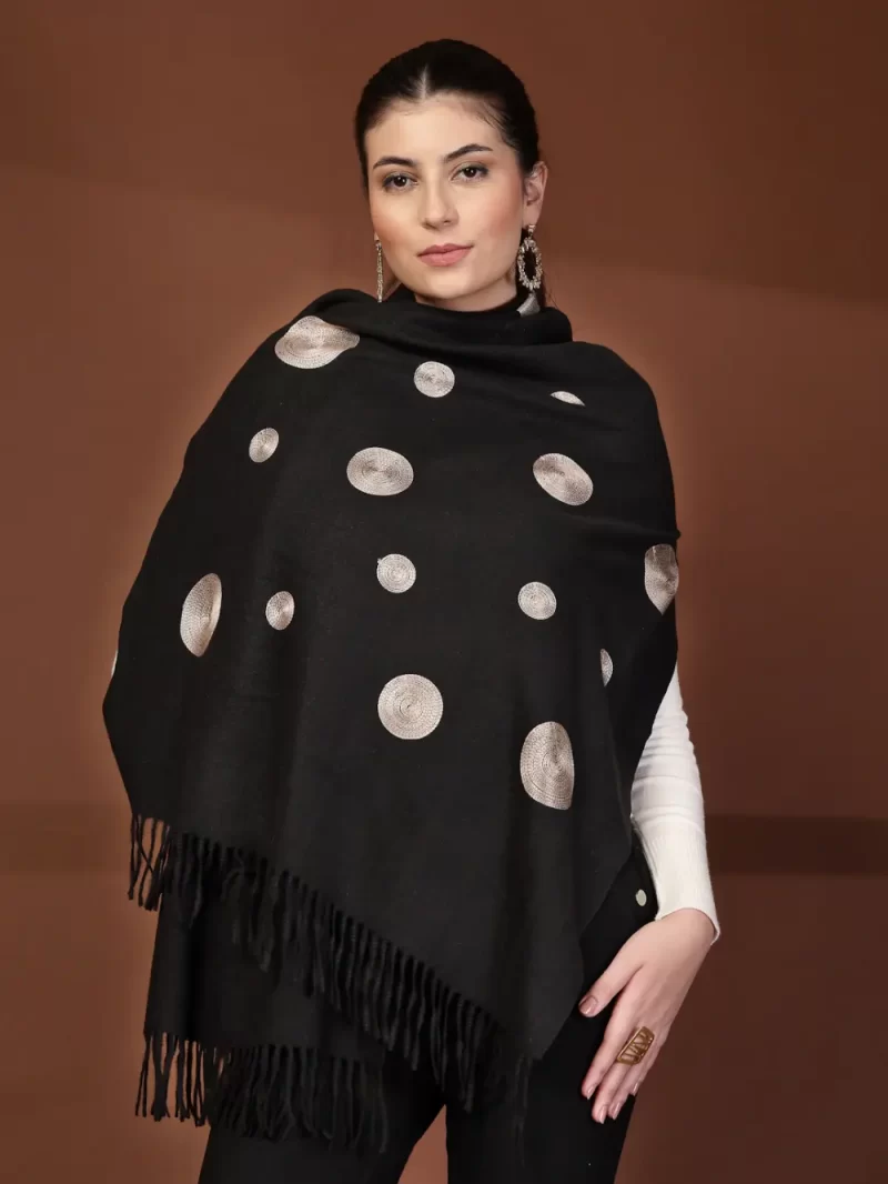 Mafadeny Women Ebroidered Polka Dot Stole With Fringe Border