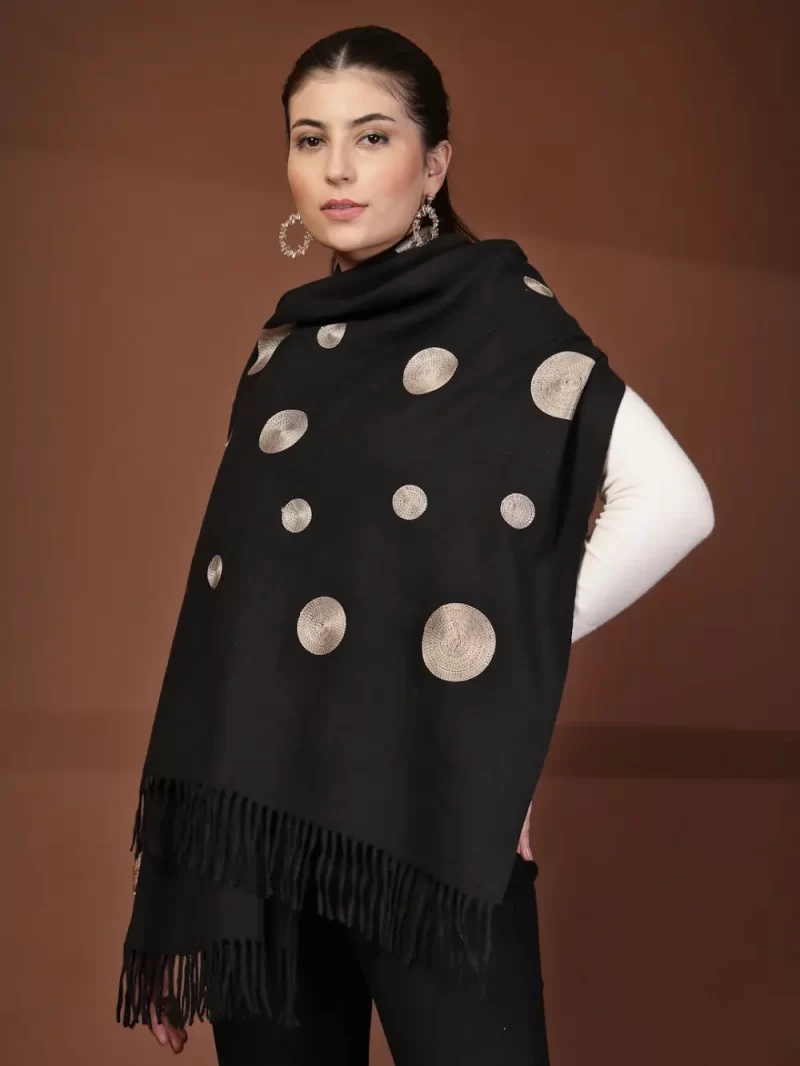 Mafadeny Women Ebroidered Polka Dot Stole With Fringe Border