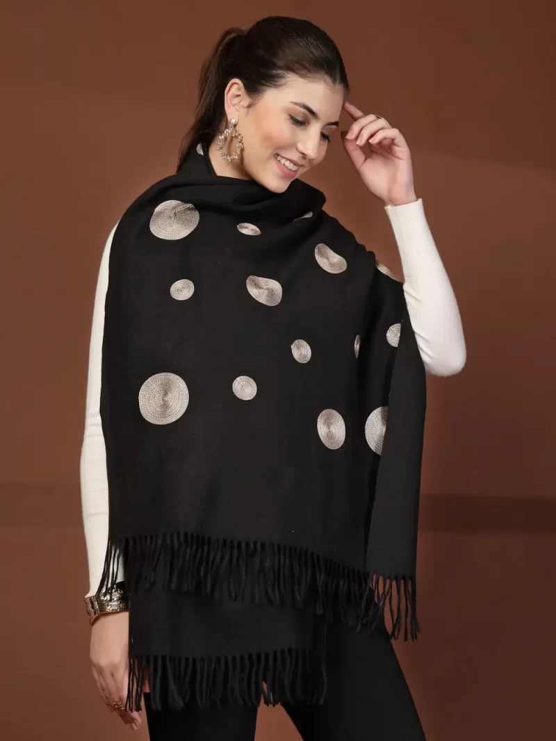 Mafadeny Women Ebroidered Polka Dot Stole With Fringe Border