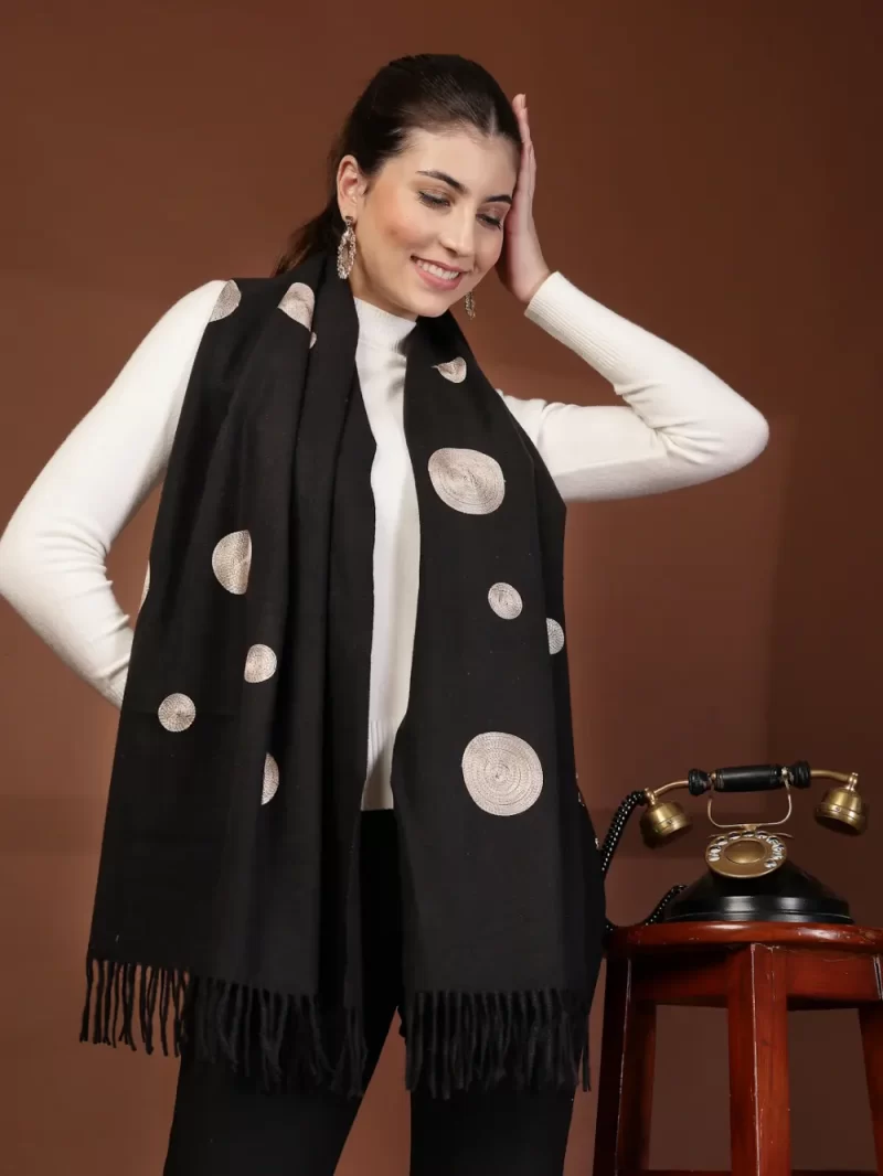 Mafadeny Women Ebroidered Polka Dot Stole With Fringe Border