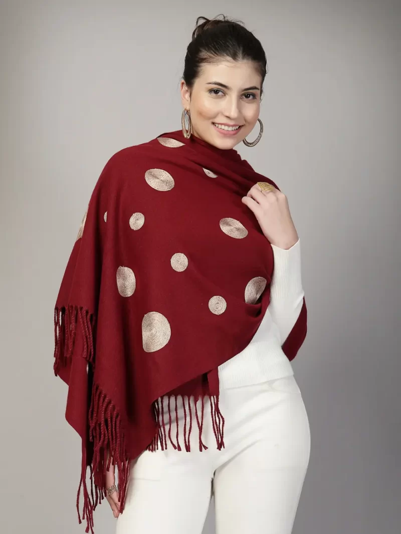 Mafadeny Women Ebroidered Polka Dot Stole With Fringe Border