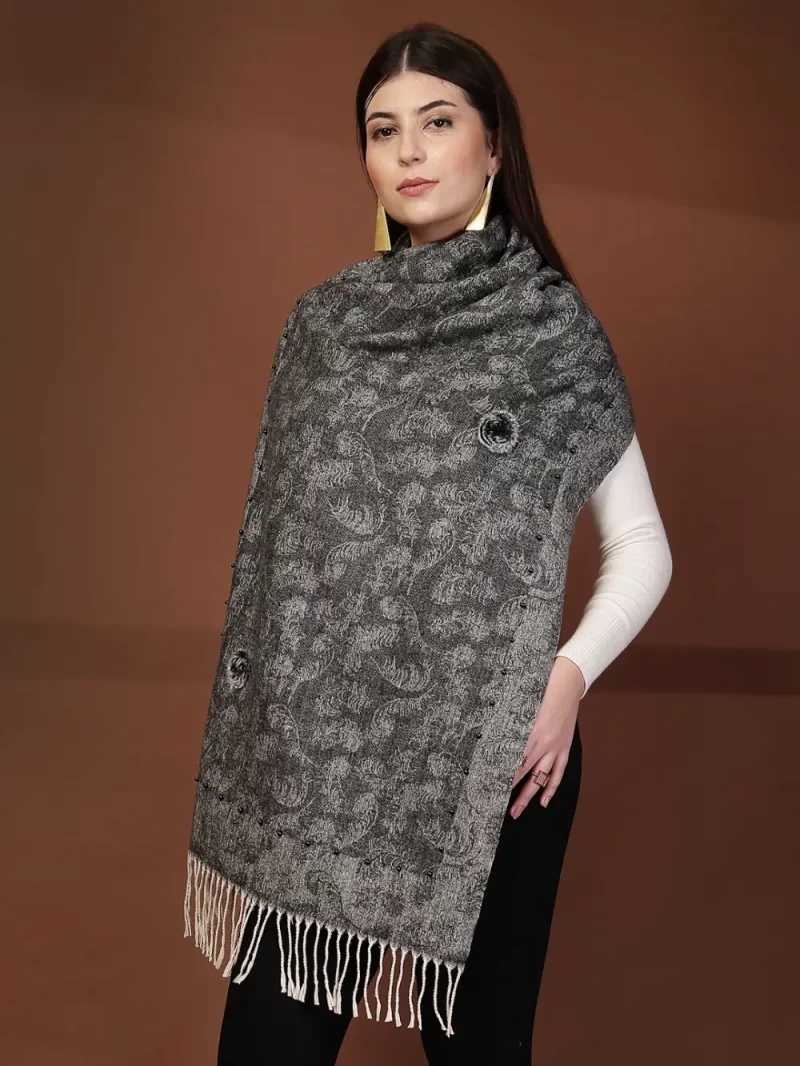 Mafadeny Women Printed Stole With Fringes Edges And Small Beads