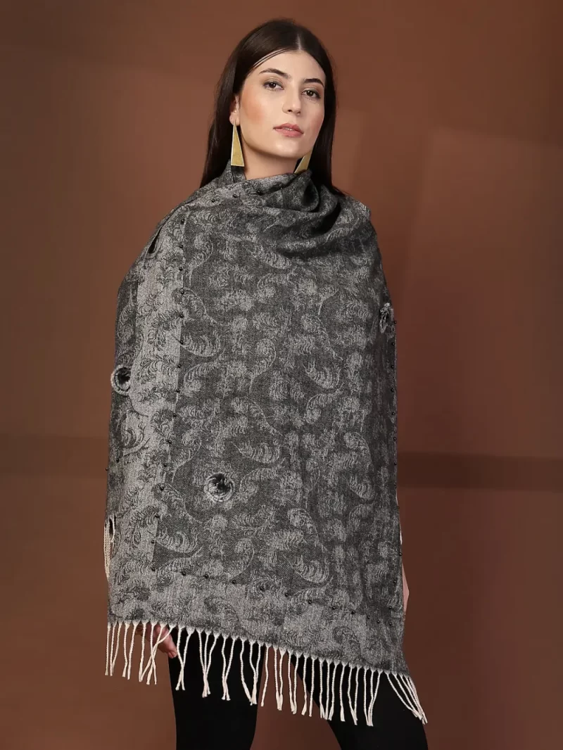 Mafadeny Women Printed Stole With Fringes Edges And Small Beads
