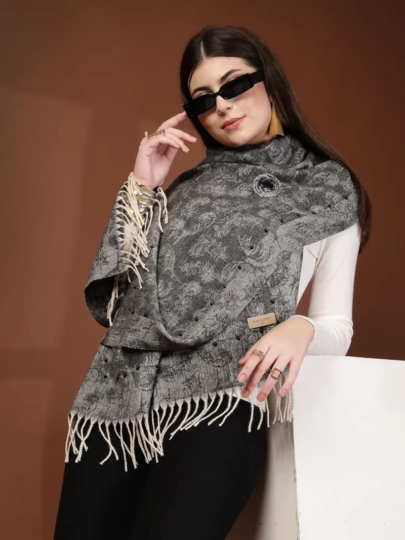 Mafadeny Women Printed Stole With Fringes Edges And Small Beads