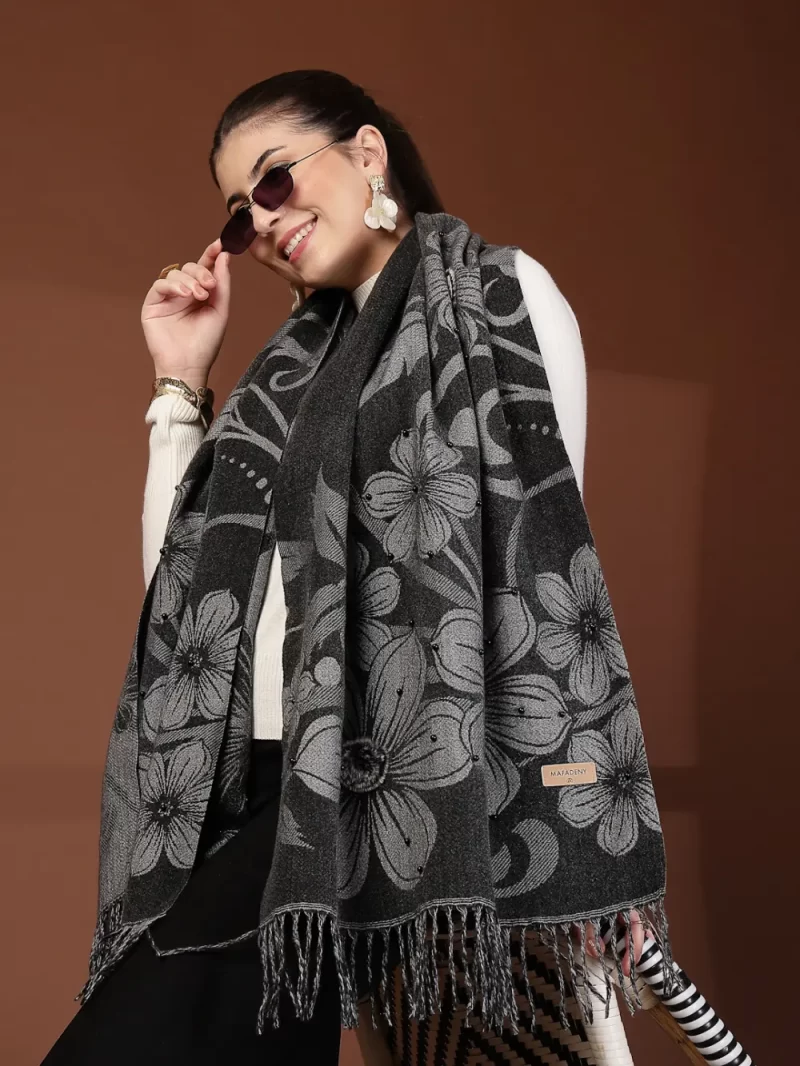 Mafadeny Women Floral Printed Stole With Small Beads