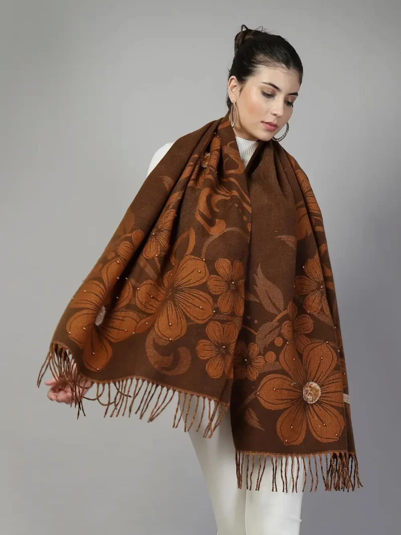 Mafadeny Women Floral Printed Stole With Small Beads