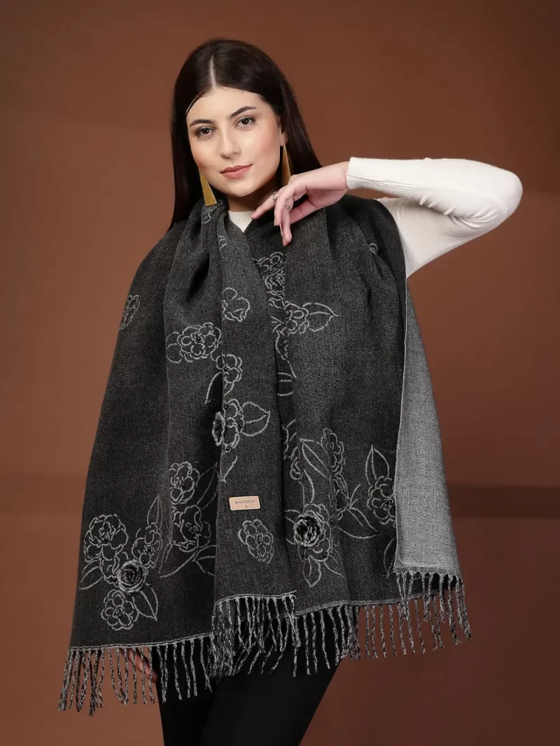 Mafadeny Women Floral Stole With Small Beads And Pom Pom