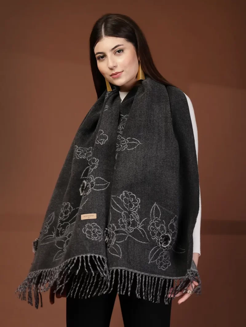 Mafadeny Women Floral Stole With Small Beads And Pom Pom