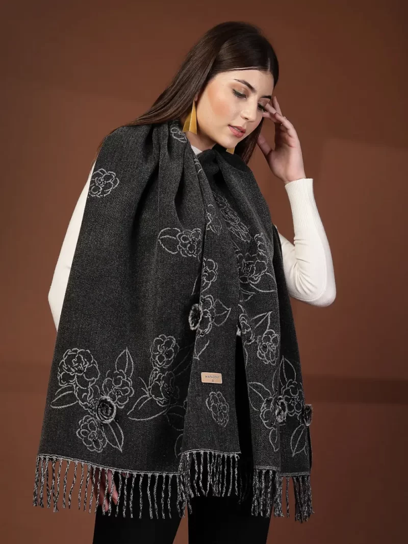 Mafadeny Women Floral Stole With Small Beads And Pom Pom