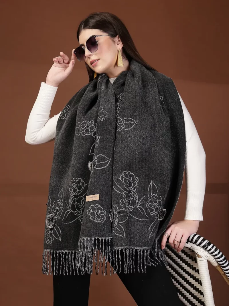 Mafadeny Women Floral Stole With Small Beads And Pom Pom