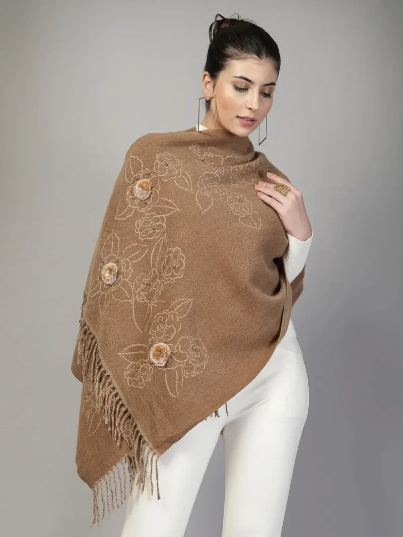 Mafadeny Women Floral Stole With Small Beads And Pom Pom