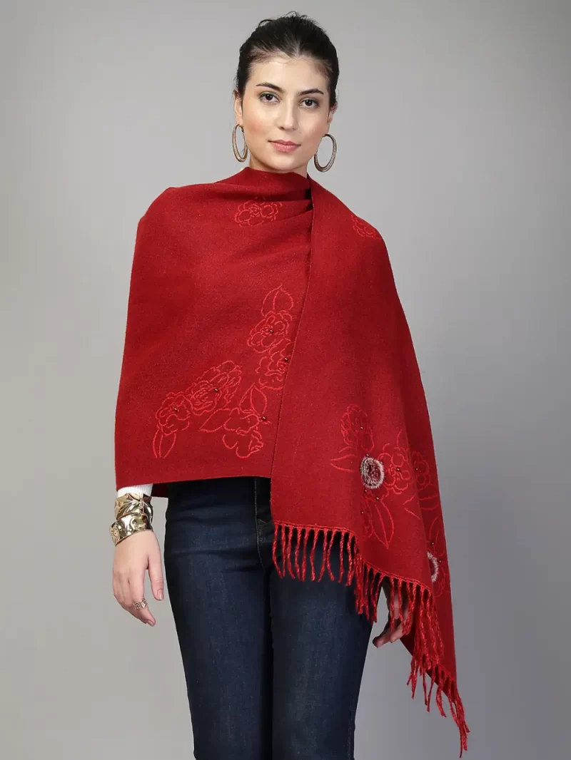 Mafadeny Women Floral Stole With Small Beads And Pom Pom