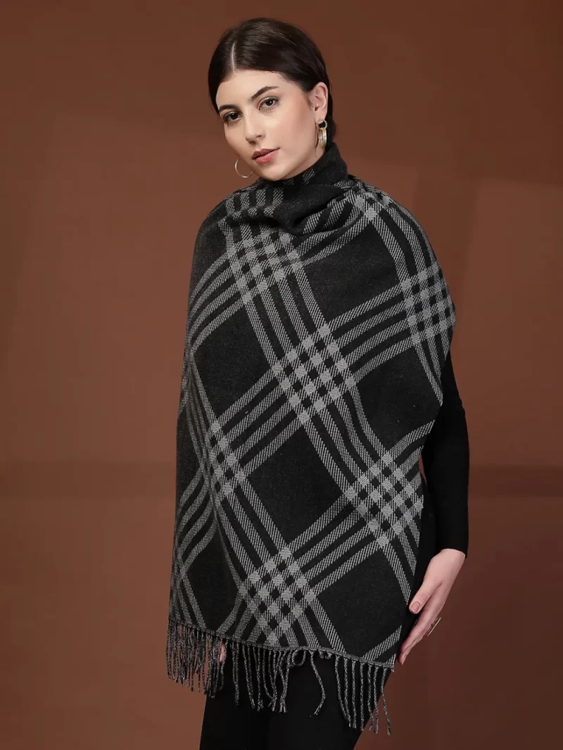 Mafadeny Women Checked Woolen Stole With Tassels Border