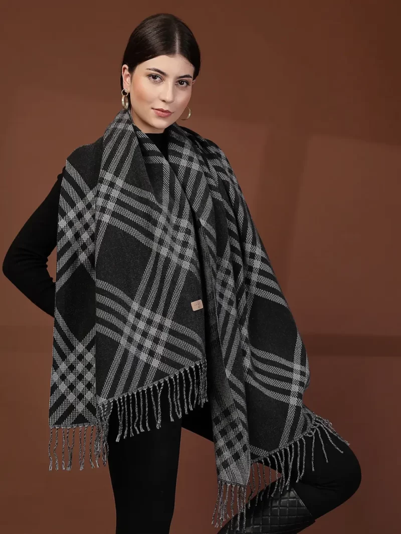 Mafadeny Women Checked Woolen Stole With Tassels Border
