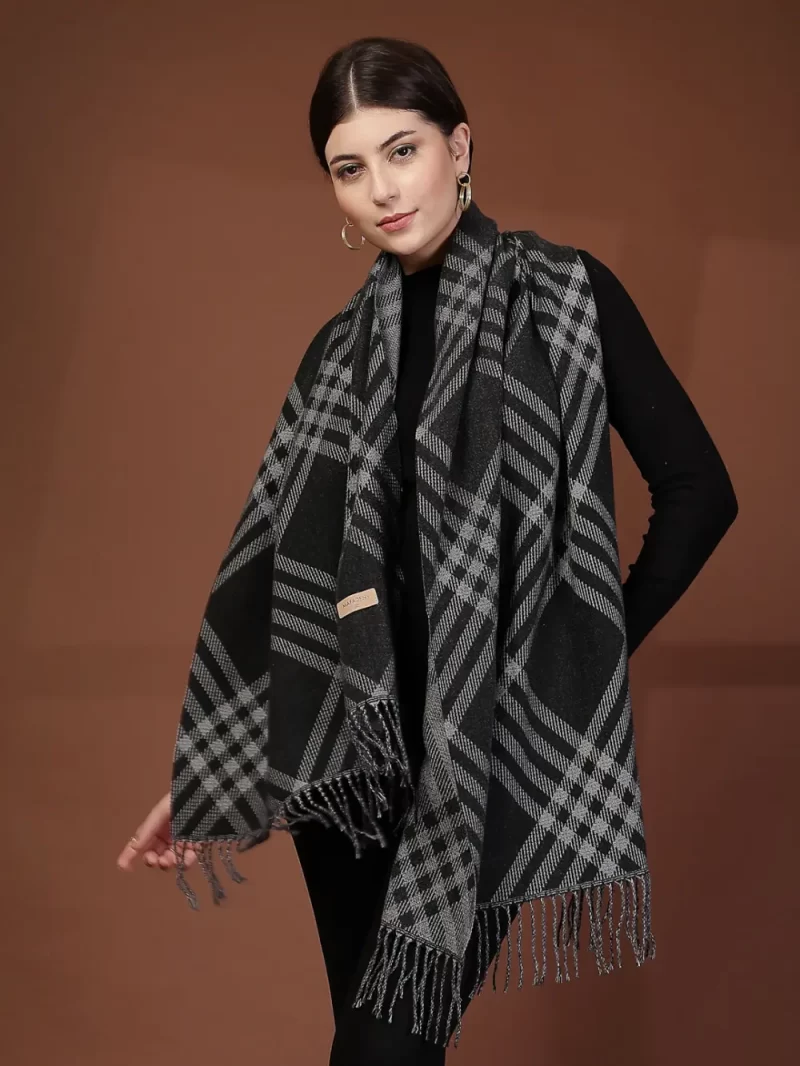 Mafadeny Women Checked Woolen Stole With Tassels Border