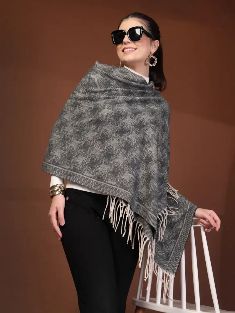 Mafadeny Women Elegant With Subtle Star Pattern Stole And Fringe Border