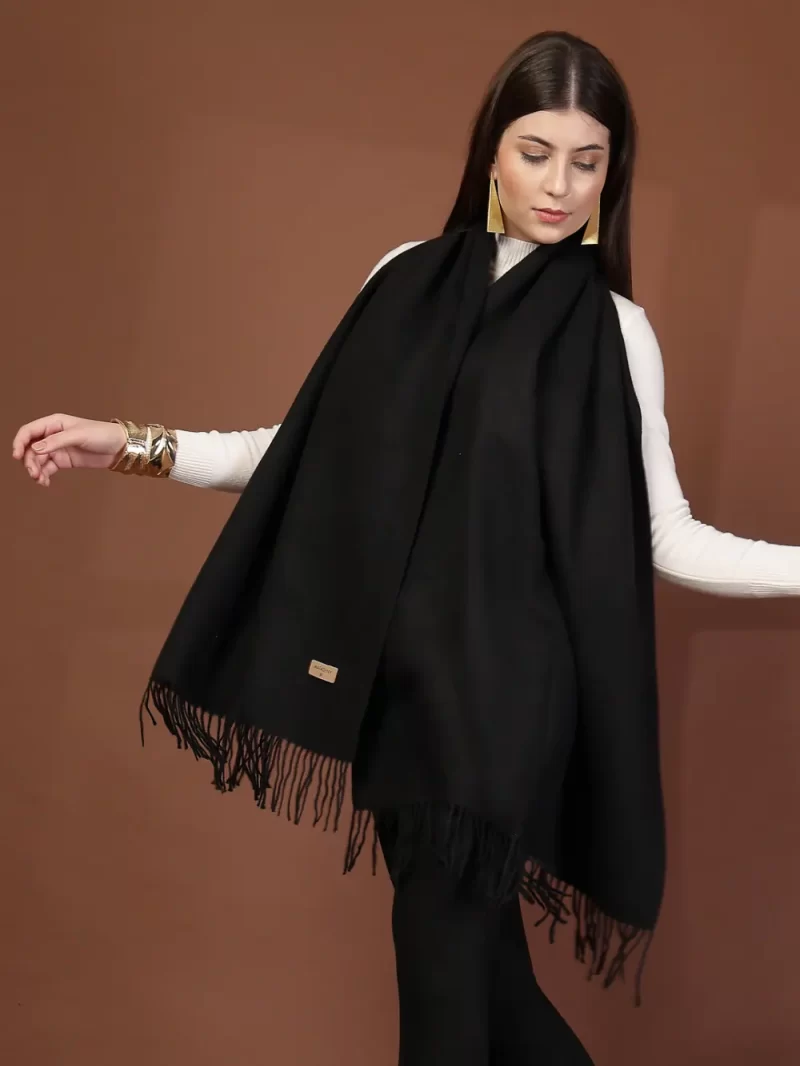 Mafadeny Women Solid Wool Stole With Tassels Bottom