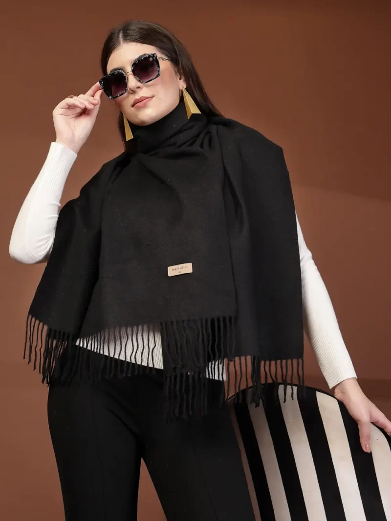 Mafadeny Women Solid Wool Stole With Tassels Bottom