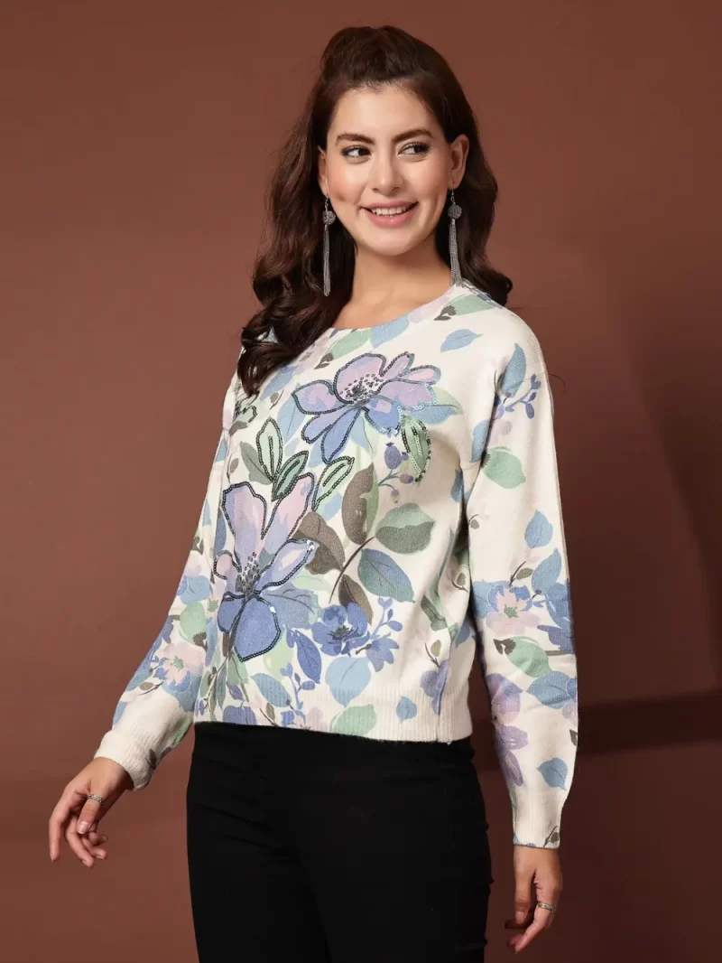 Mafadeny Women'S Round Neck Floral Printed Top In Soft Knit Fabric