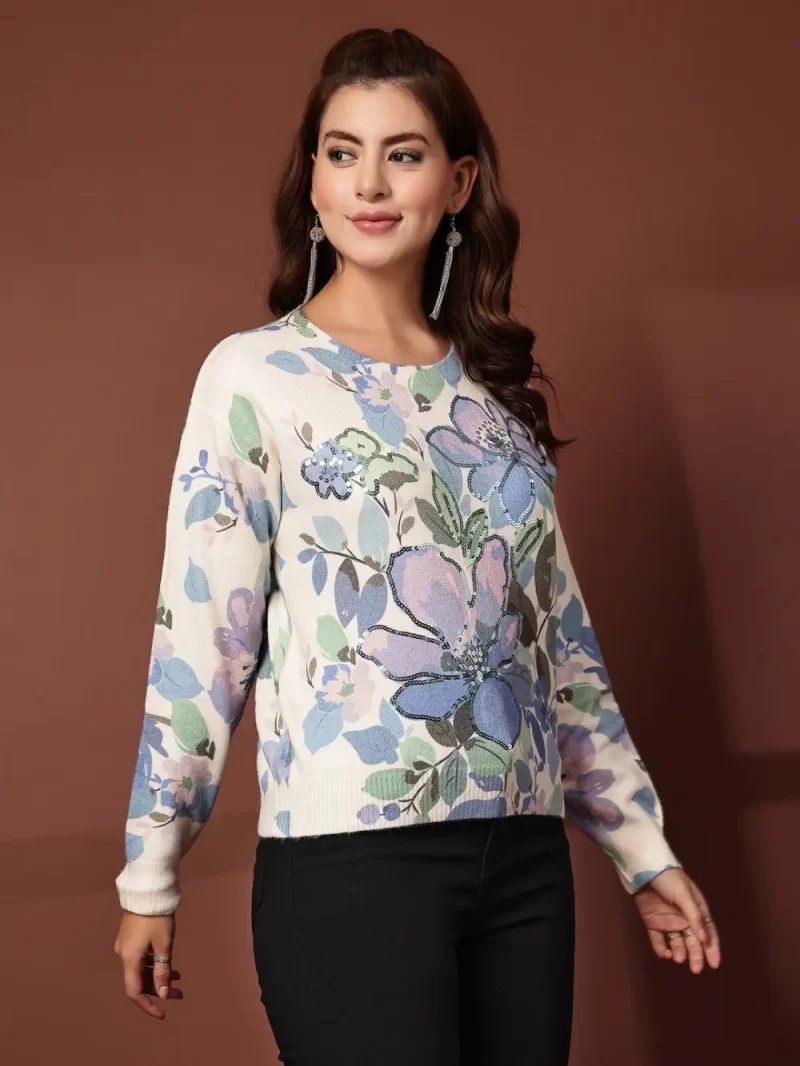 Mafadeny Women'S Round Neck Floral Printed Top In Soft Knit Fabric