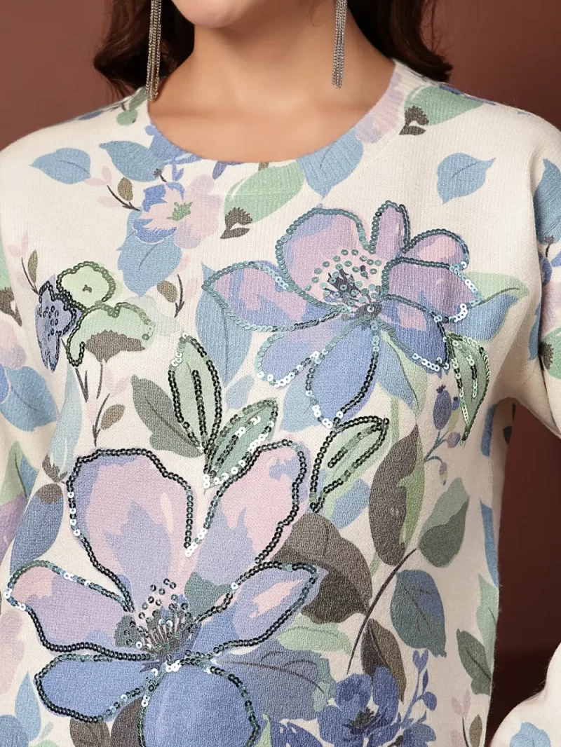 Mafadeny Women'S Round Neck Floral Printed Top In Soft Knit Fabric