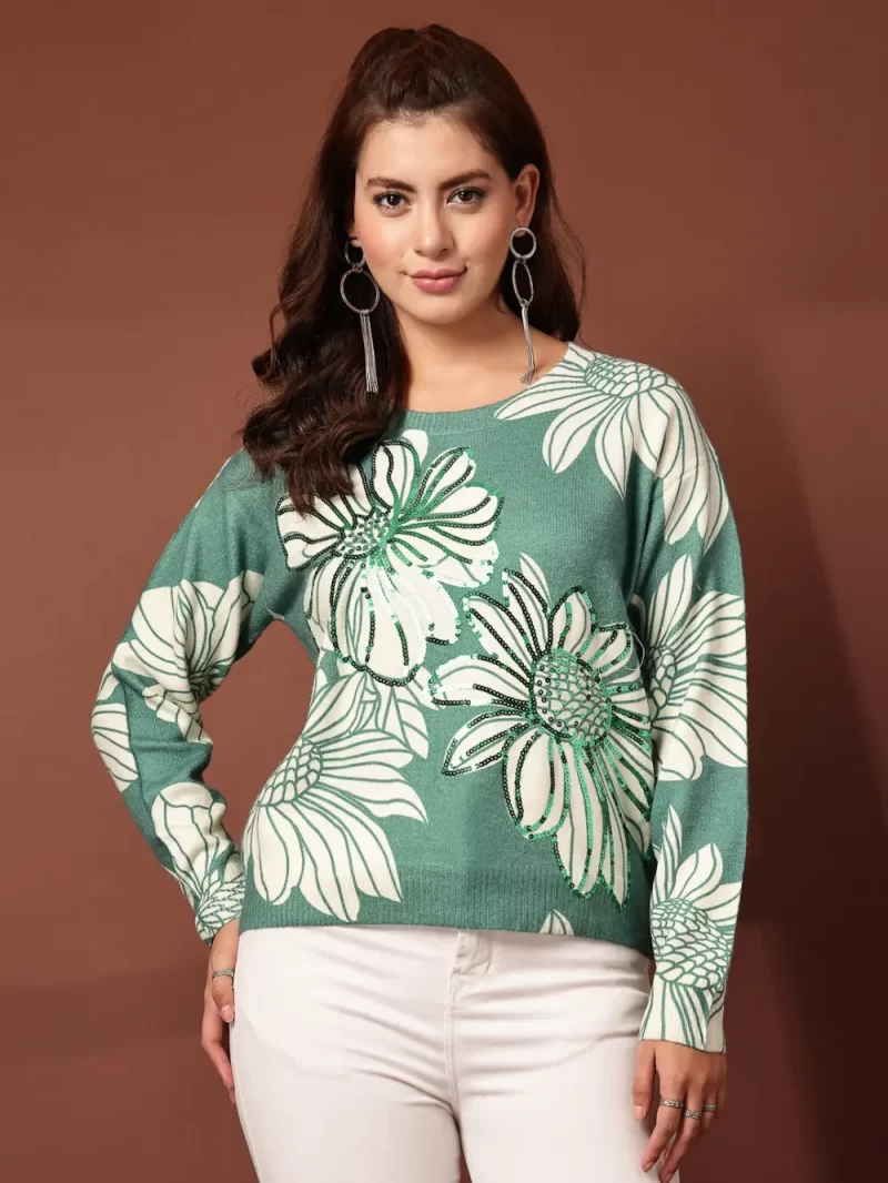 Mafadeny Women Floral Printed Top With Sequin Details