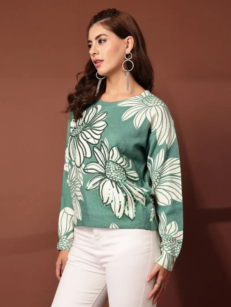 Mafadeny Women Floral Printed Top With Sequin Details