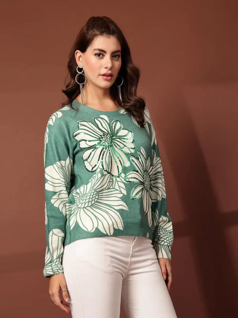 Mafadeny Women Floral Printed Top With Sequin Details