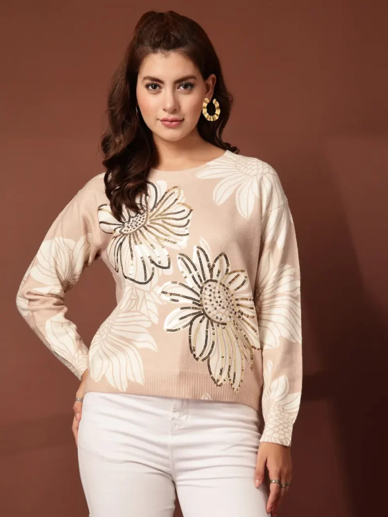 Mafadeny Women Floral Printed Top With Sequin Details