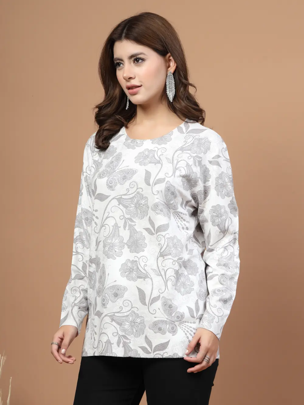 Mafadeny Women White Floral Print Top With Butterfly Design