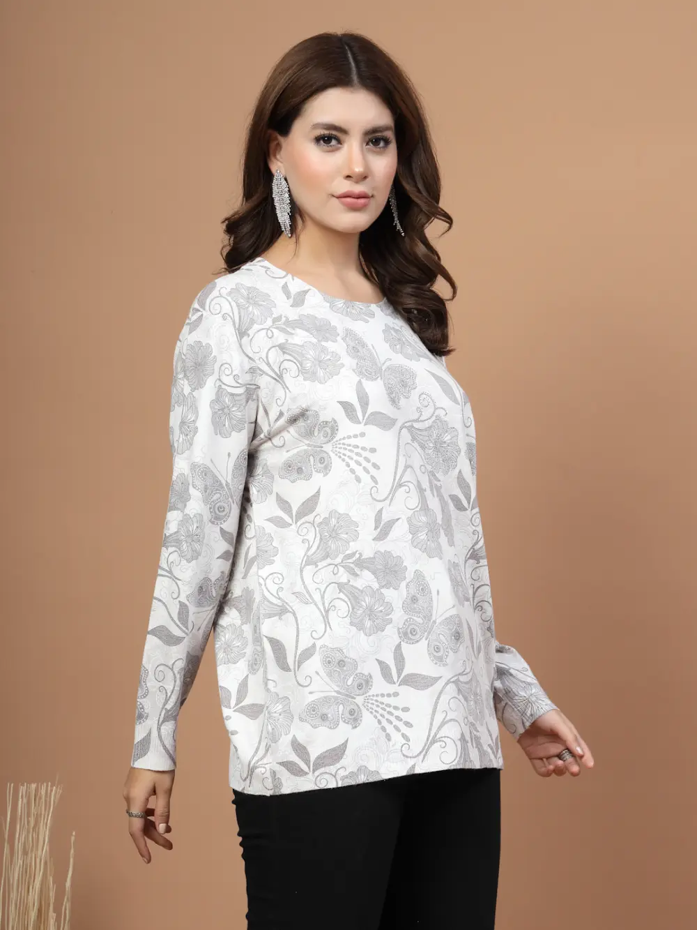 Mafadeny Women White Floral Print Top With Butterfly Design
