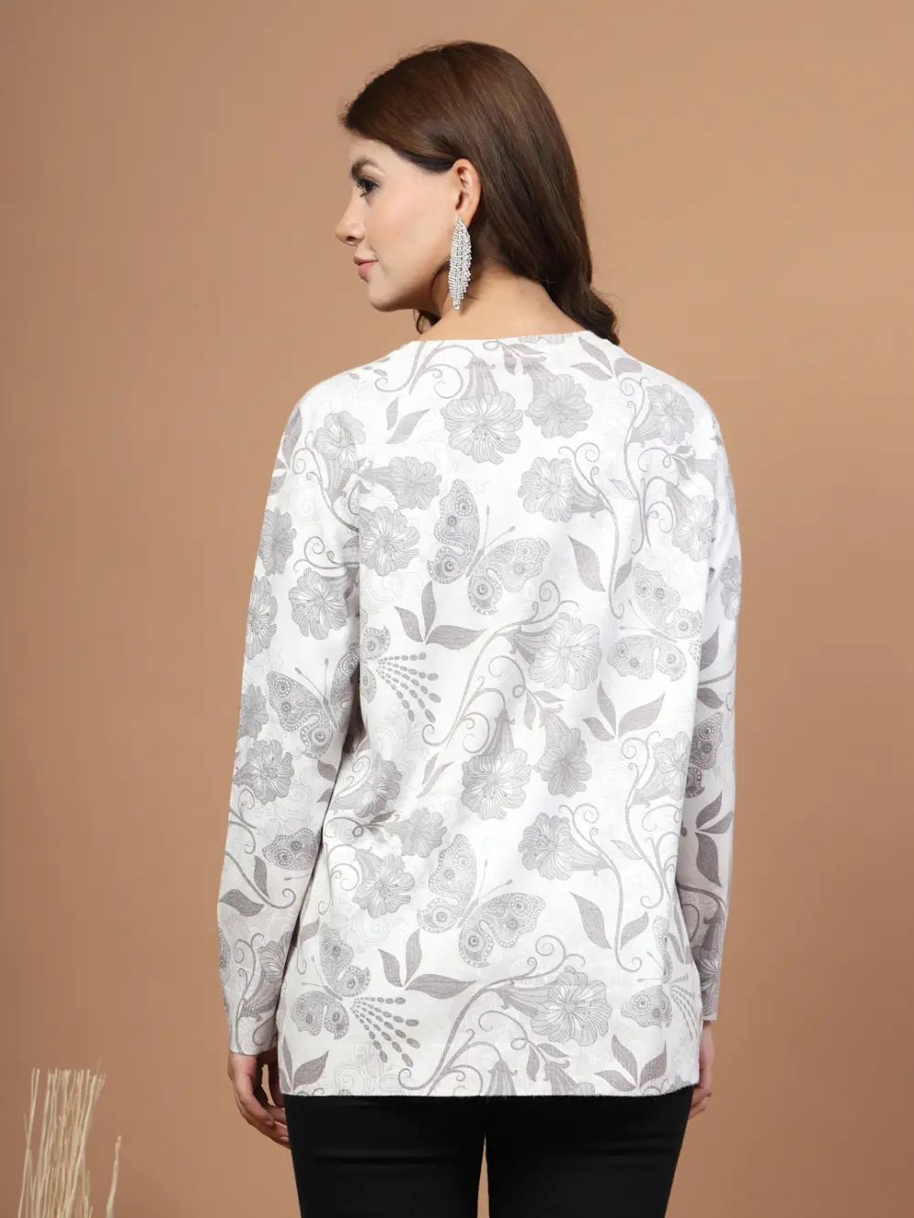 Mafadeny Women White Floral Print Top With Butterfly Design