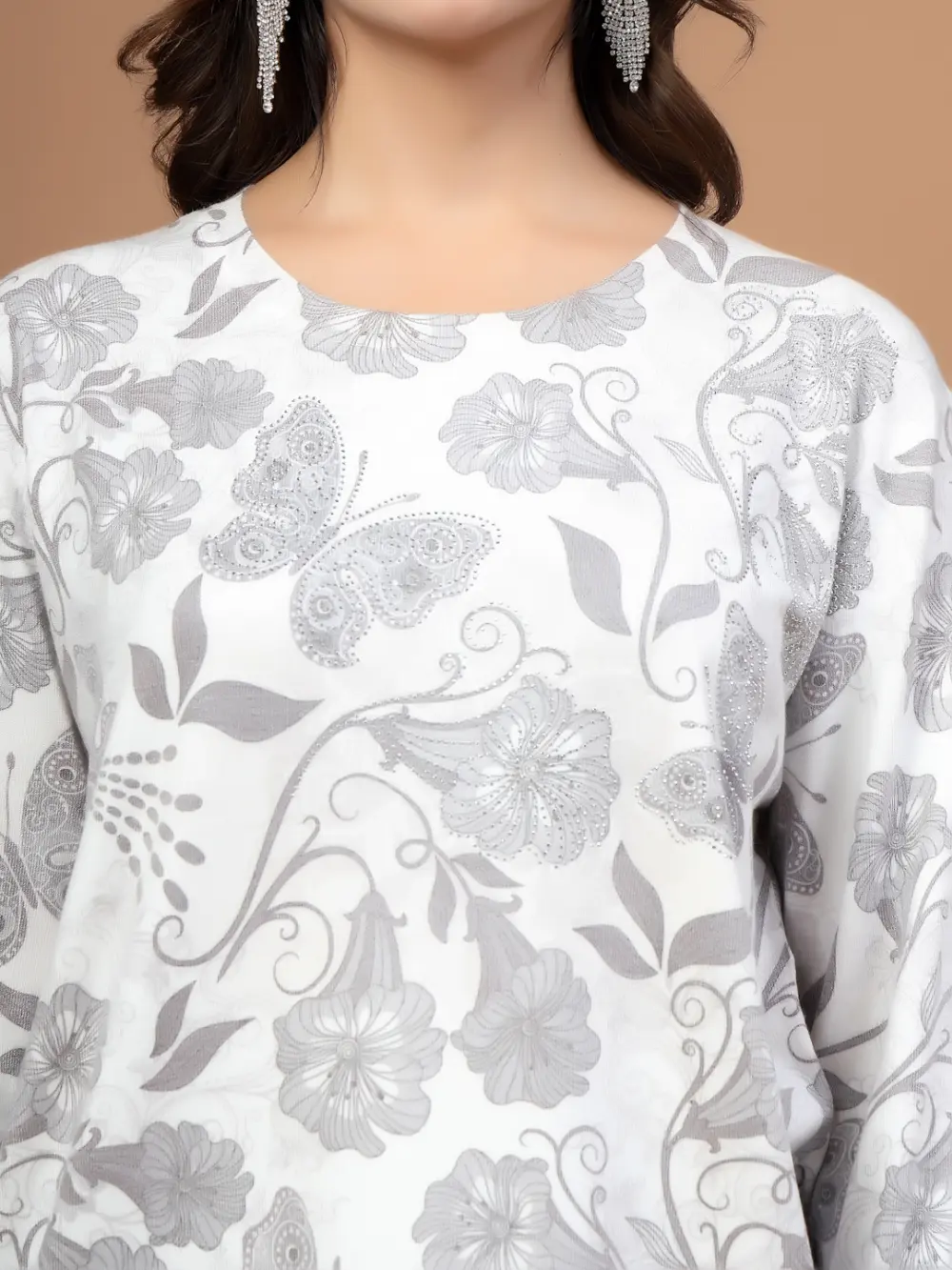 Mafadeny Women White Floral Print Top With Butterfly Design