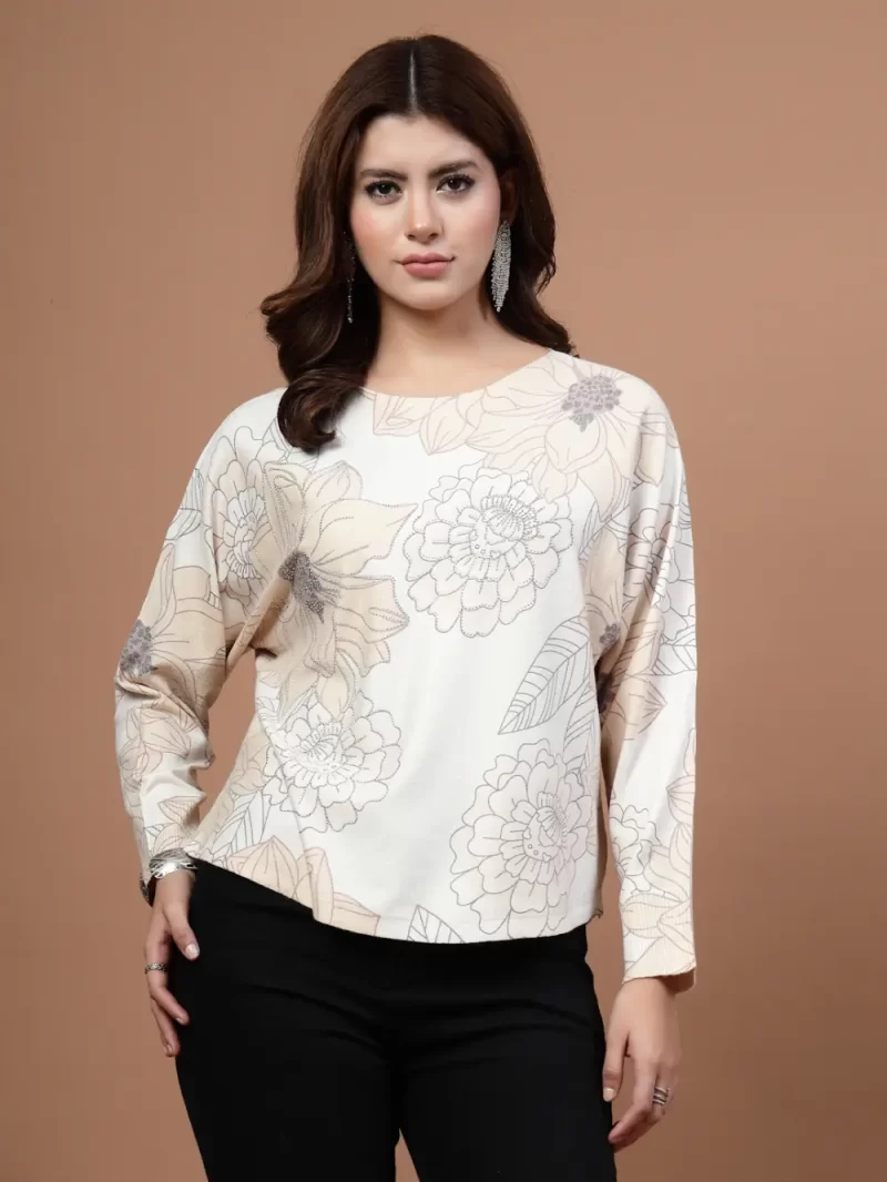 Mafadeny Women Floral Print Top With A Round Neck And Long Sleeves