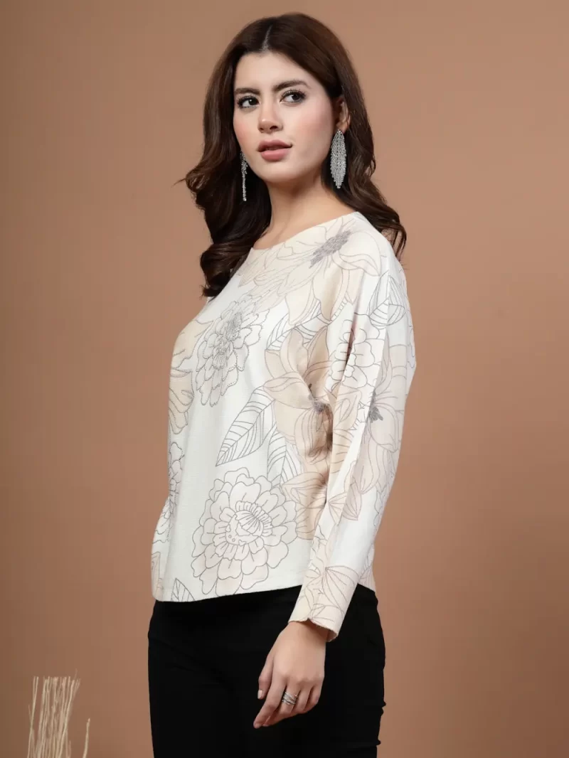 Mafadeny Women Floral Print Top With A Round Neck And Long Sleeves