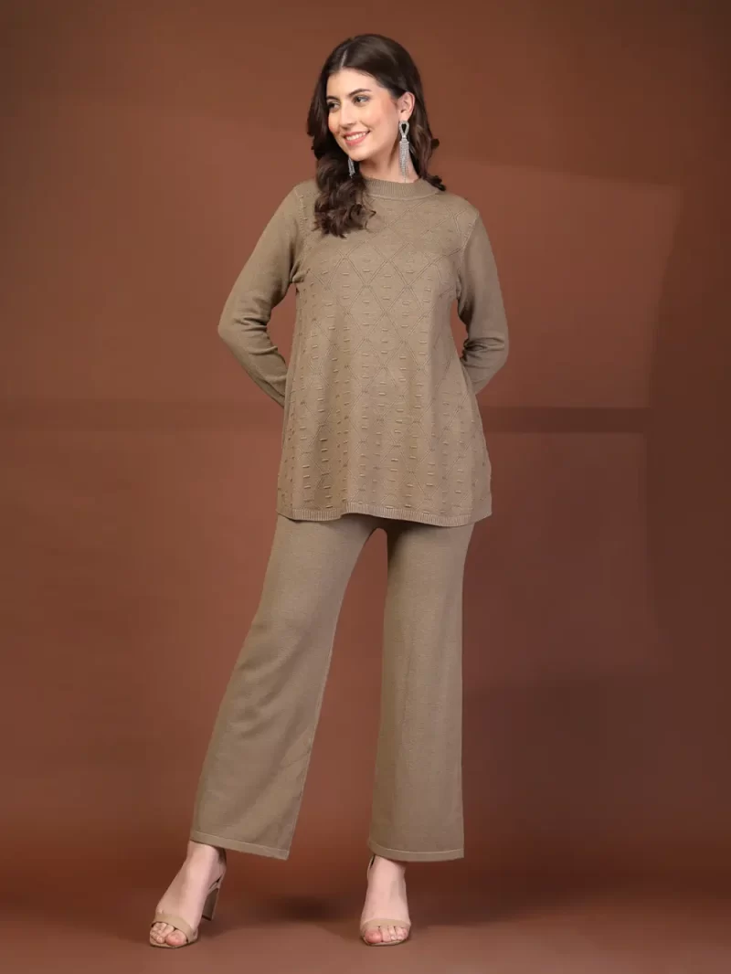 Mafadeny Women'S 2-Piece Round Neck Textured Co-Ord Set With Wide-Leg Pants