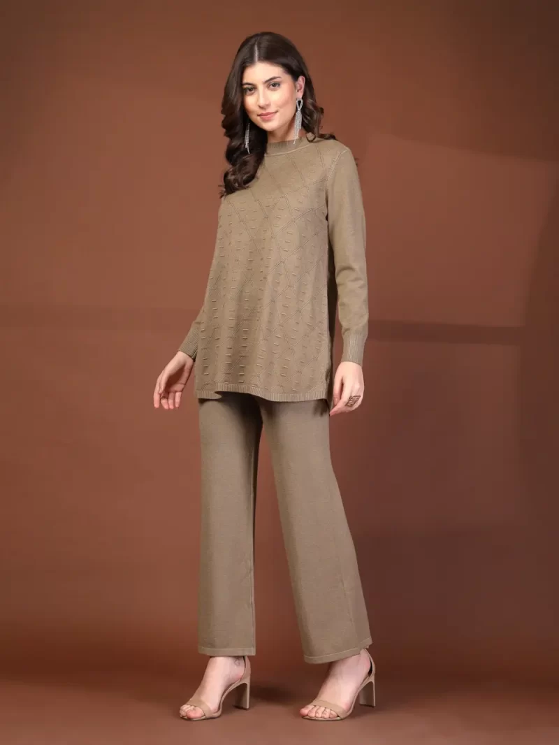 Mafadeny Women'S 2-Piece Round Neck Textured Co-Ord Set With Wide-Leg Pants