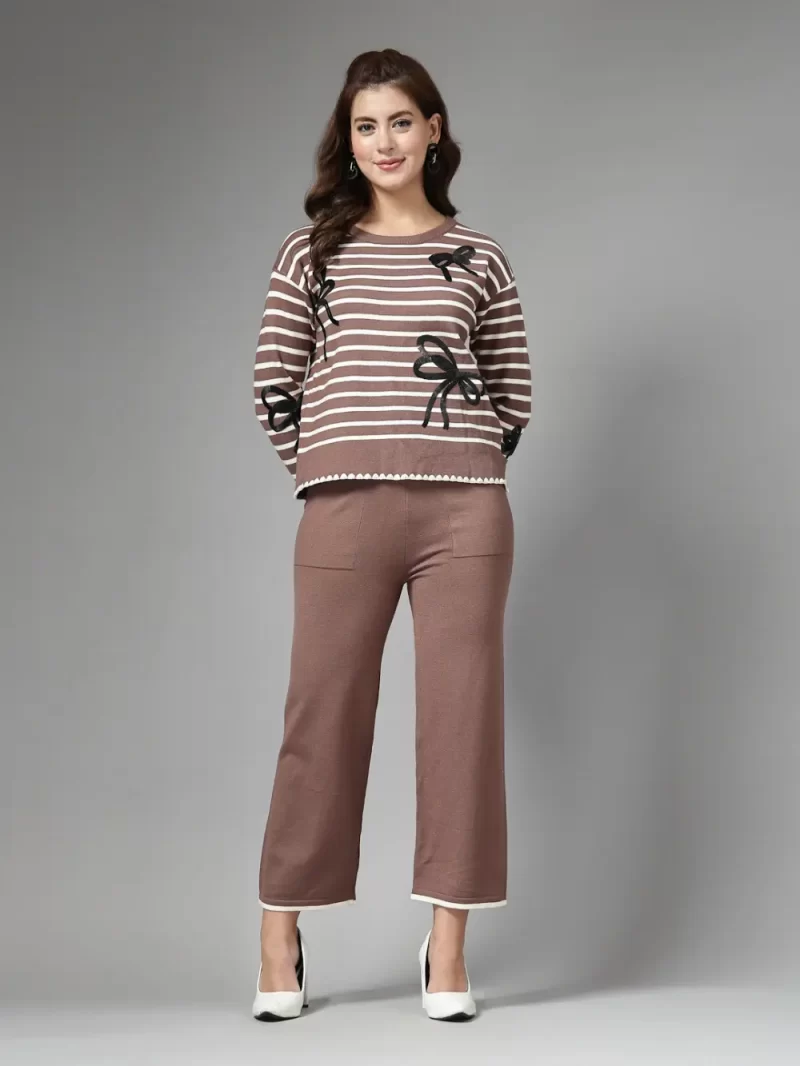 Mafadeny Women Stylish 2 Pcs Co-Ord Set With Black Striped Top And Bow Designs