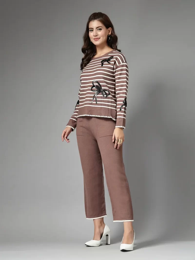 Mafadeny Women Stylish 2 Pcs Co-Ord Set With Black Striped Top And Bow Designs