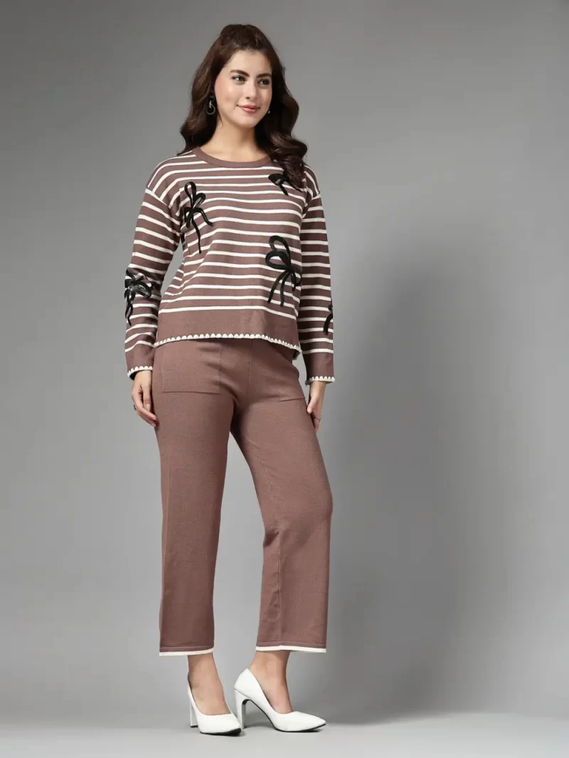 Mafadeny Women Stylish 2 Pcs Co-Ord Set With Black Striped Top And Bow Designs