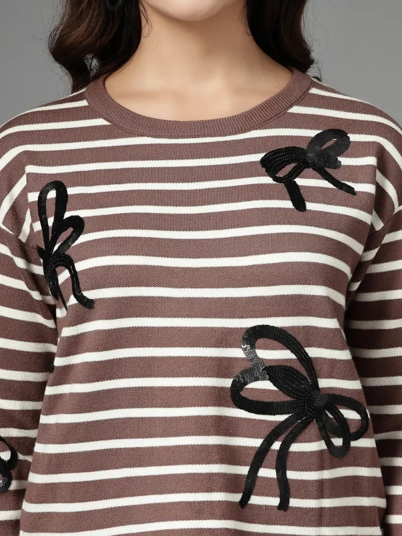 Mafadeny Women Stylish 2 Pcs Co-Ord Set With Black Striped Top And Bow Designs