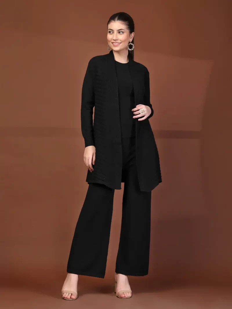 Mafadeny Women'S 3-Pcs Round Neck Co-Ord Set With Ribbed Cardigan & Wide-Leg Pants