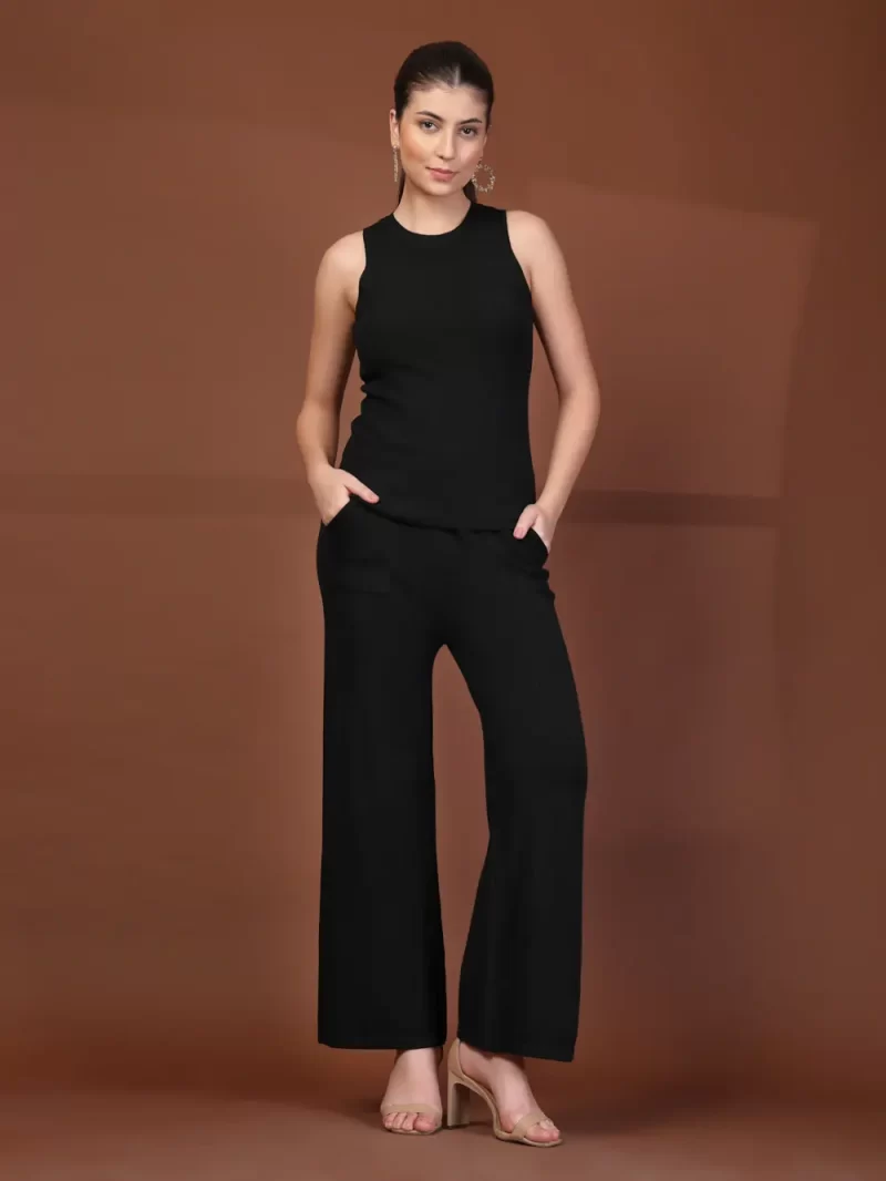 Mafadeny Women'S 3-Pcs Round Neck Co-Ord Set With Ribbed Cardigan & Wide-Leg Pants