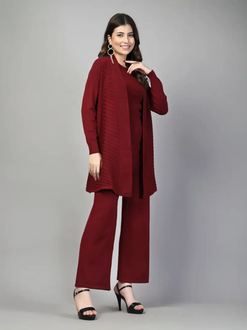Mafadeny Women'S 3-Pcs Round Neck Co-Ord Set With Ribbed Cardigan & Wide-Leg Pants