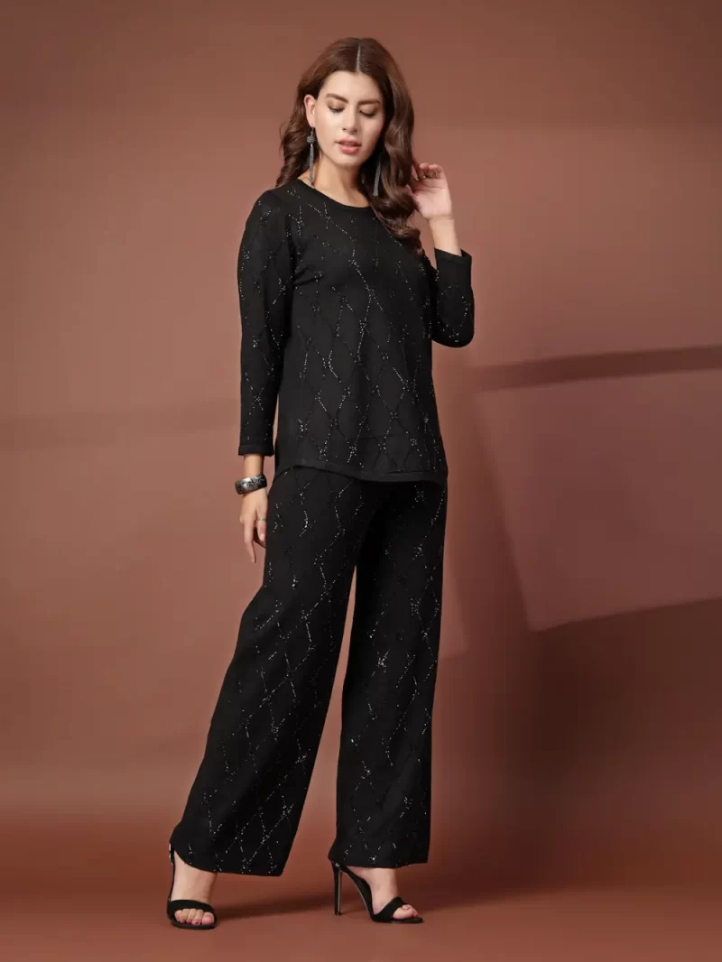 Mafadeny Women 2 Pcs Co-Ord Set Top And Pants With Golden Thread