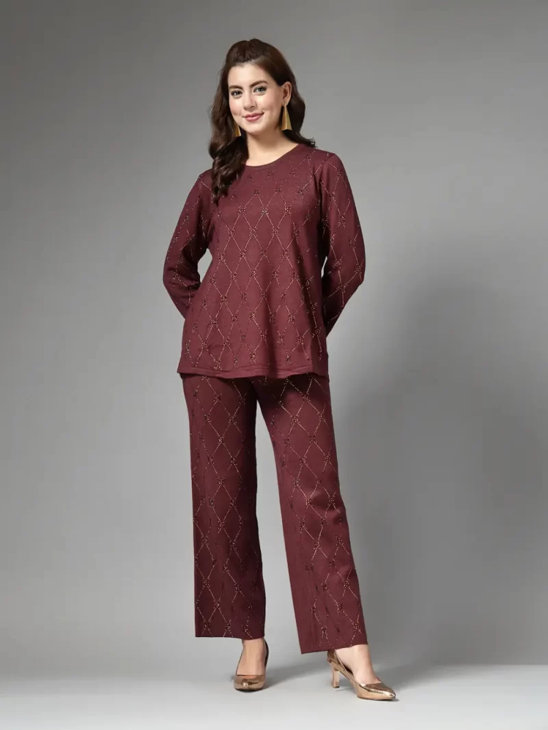 Mafadeny Women 2 Pcs Co-Ord Set Top And Pants With Golden Thread